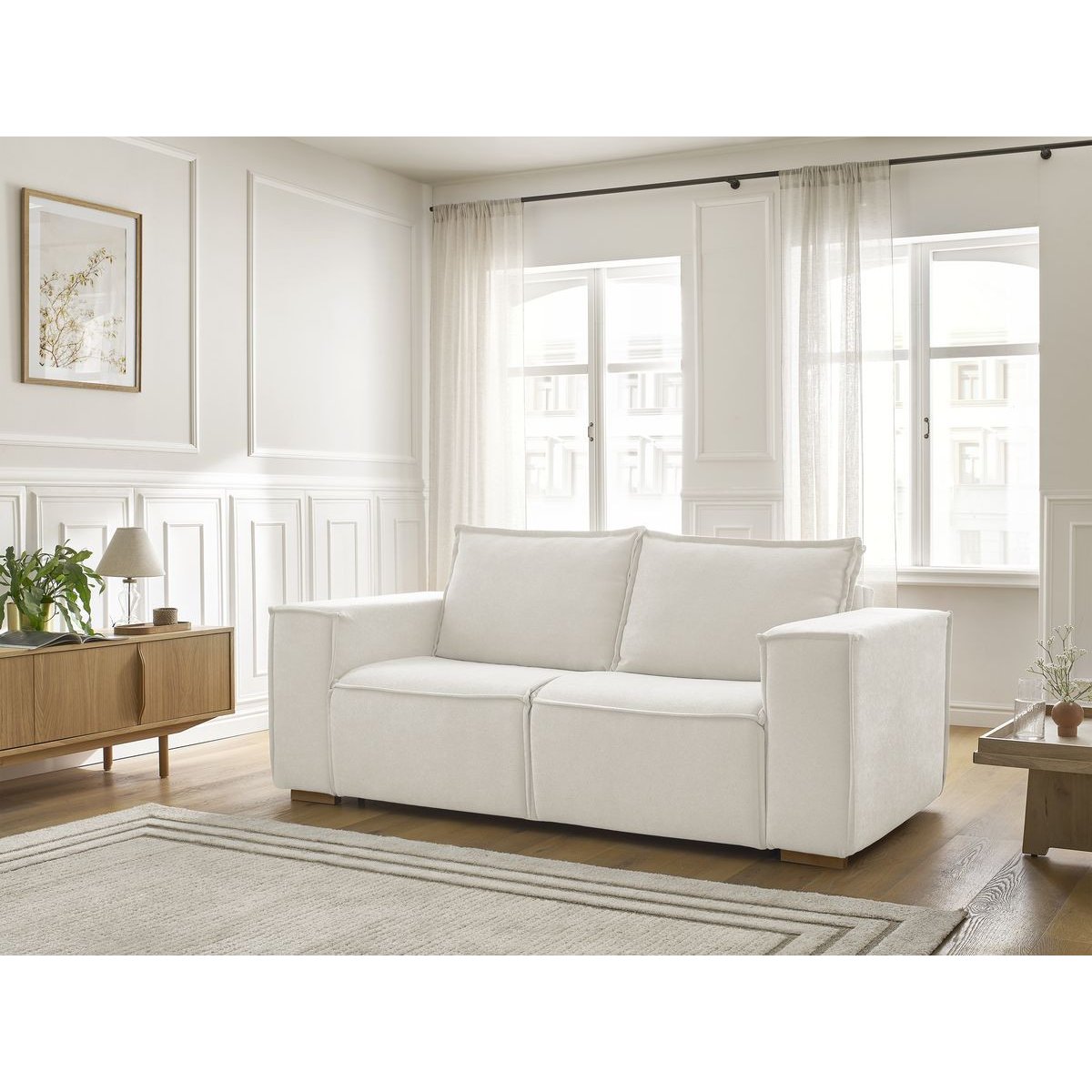 Canapé lit 3 places en tissu texturé couchage 140x200 cm, CHELSEA blanc, BOBOCHIC