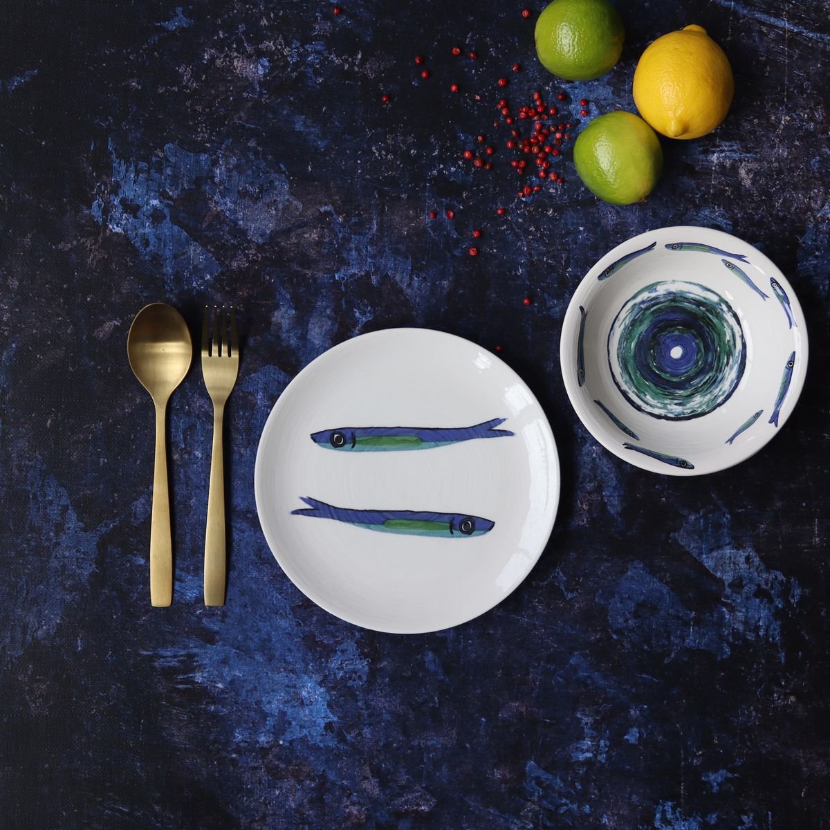 Lot de 6 assiettes creuses en faïence 21,5cm, SARDINE blanc-bleu, NOVASTYL