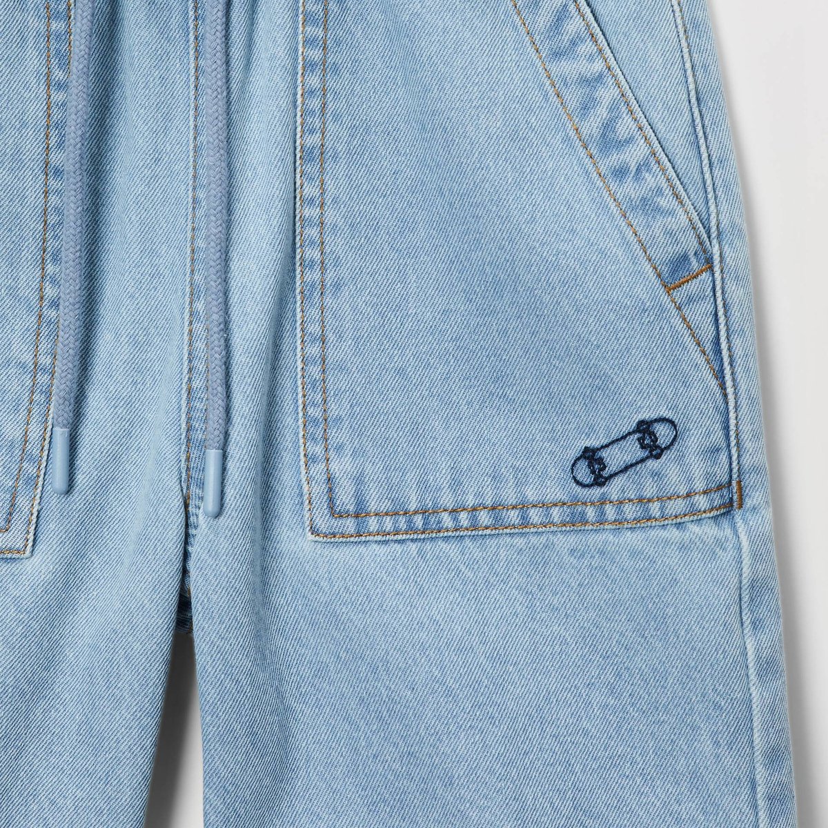 Short élastiqué denim en coton double stone, MONOPRIX