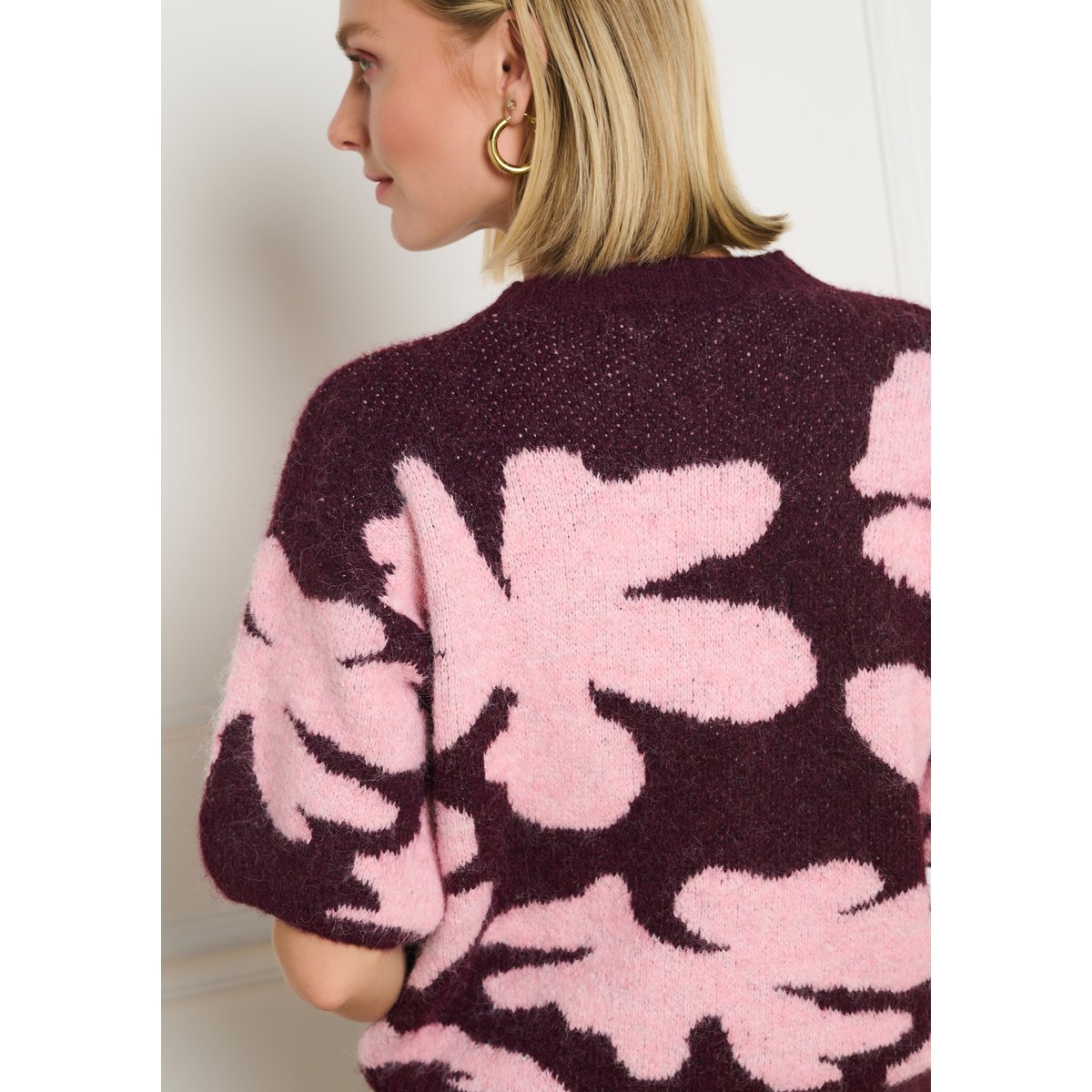 Pull jacquard fleuri bordeau wine, LOLALIZA