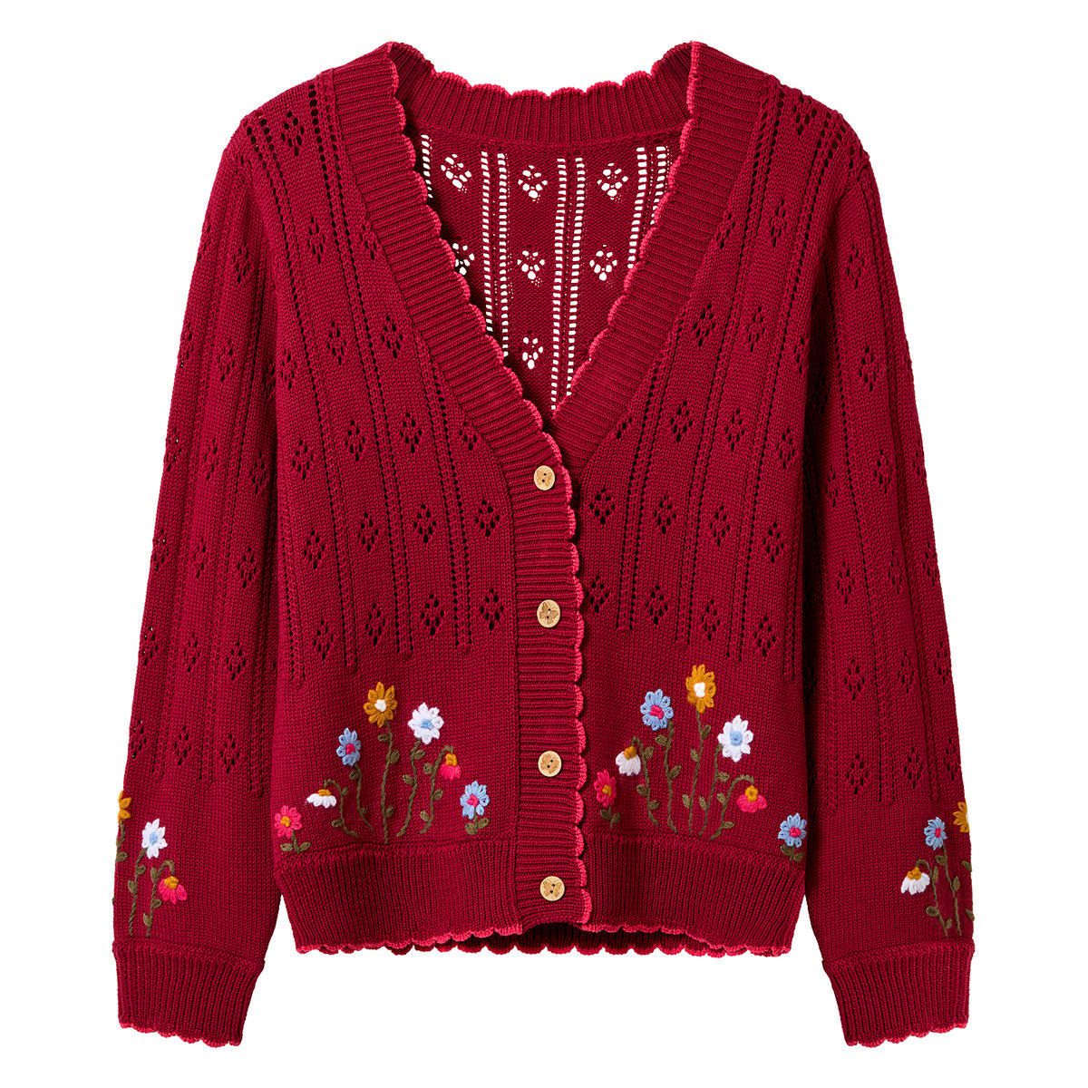 Adorable Cardigan en Maille Ajourée Brodé Fleuri rouge, JOE BROWNS