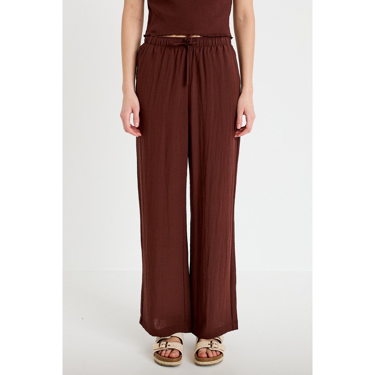 Pantalon large taille haute en crêpe marron, CACHE CACHE