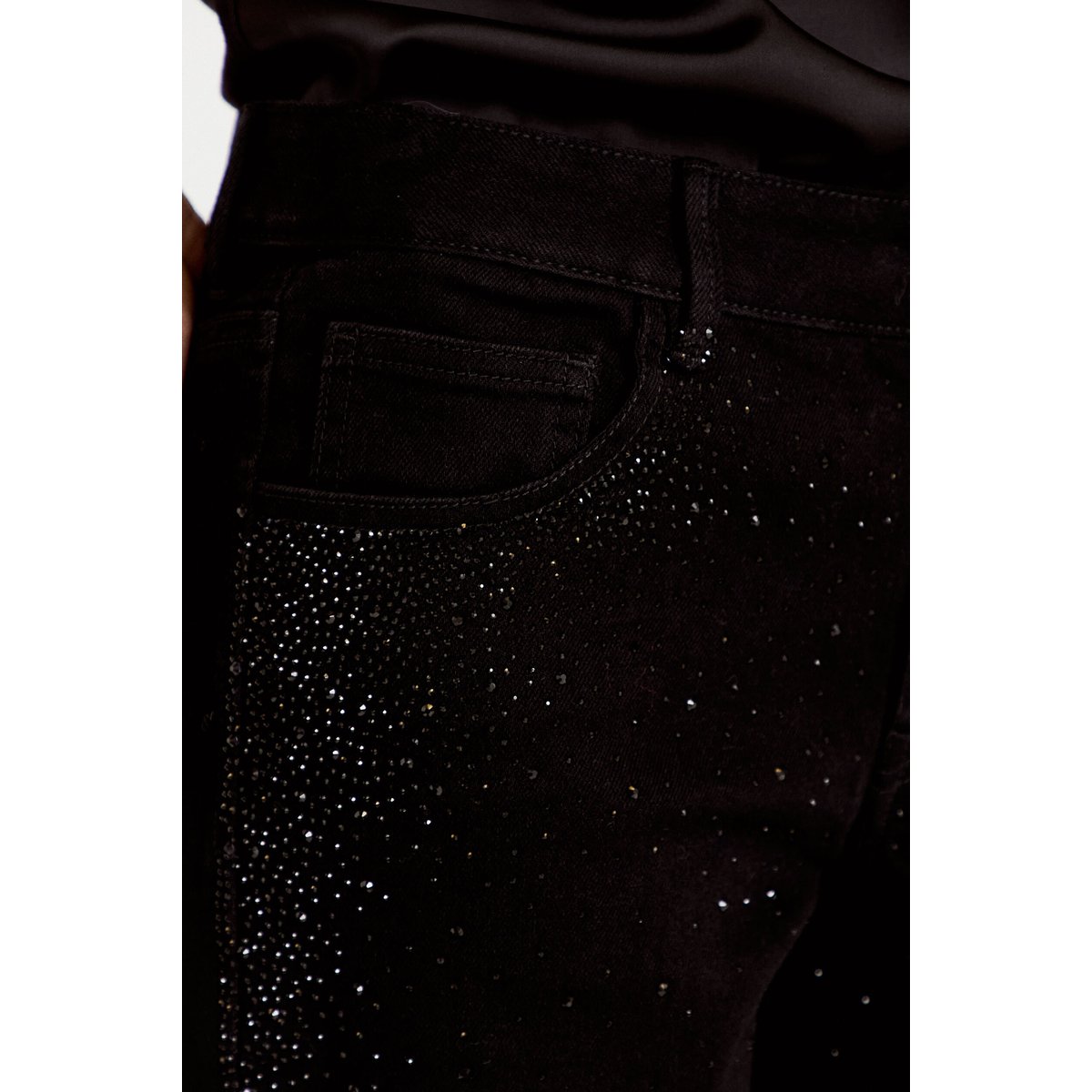 Jean wide leg taille basse strass noir, CACHE CACHE