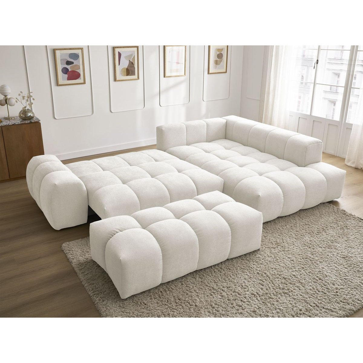 Canapé d'angle convertible 4 places en tissu texturé avec pouf, EVEREST blanc, BOBOCHIC