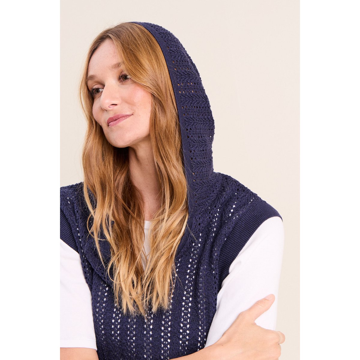 Pull droit sans manches à capuche bleu marine, BREAL
