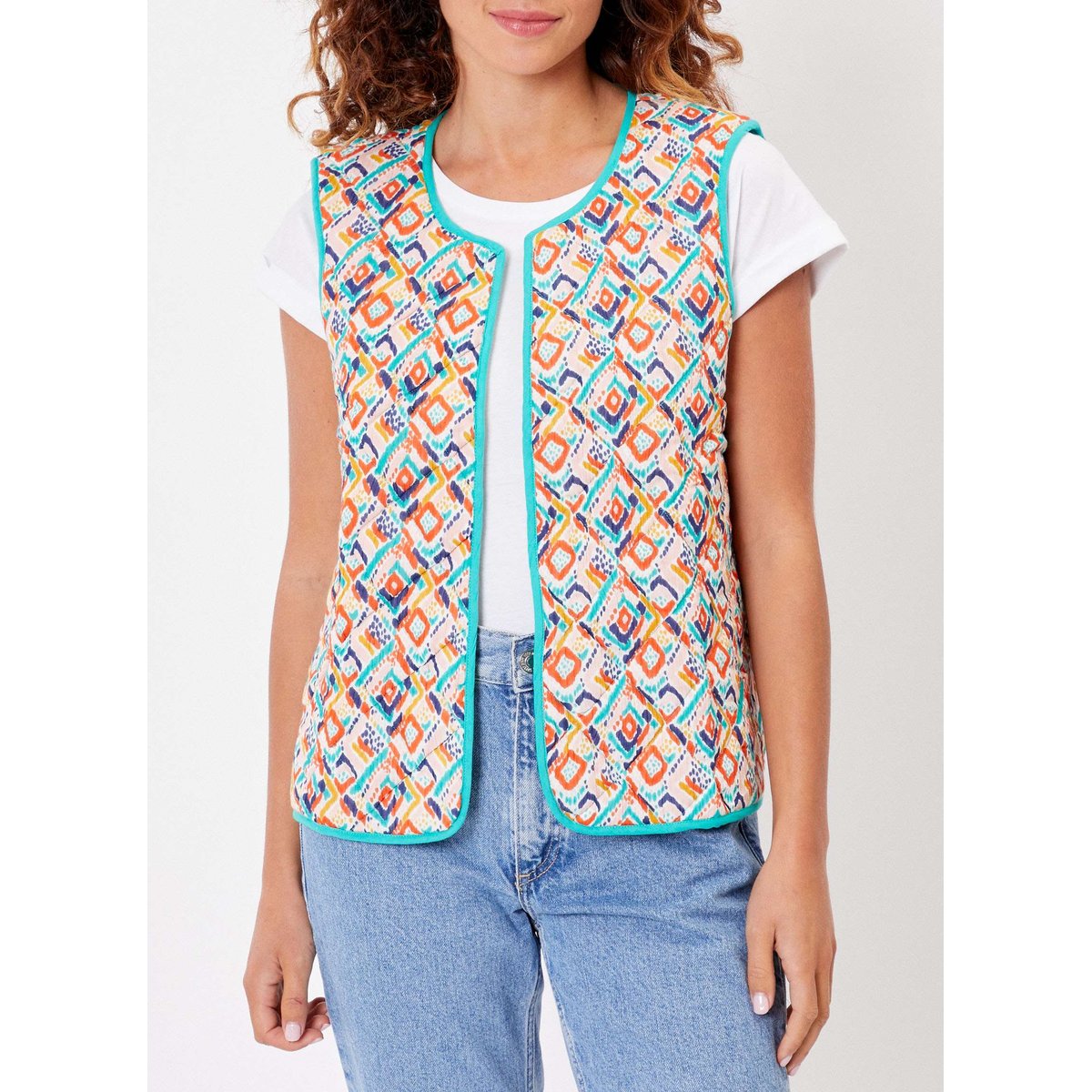 Gilet imprimé sans manches coton bio réversible matelassé NACHO rose paqui, LA FIANCÉE