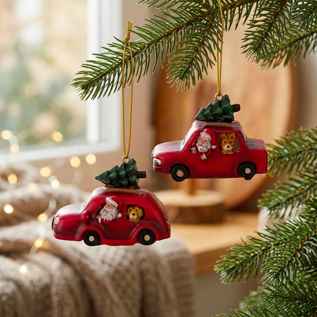 Set de 2 boules de Noël en résine voiture père noël 7x4.5x5cm rouge, WADIGA