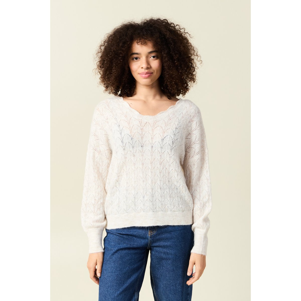 Gilet ajouré col V manches longues ecru, BONOBO