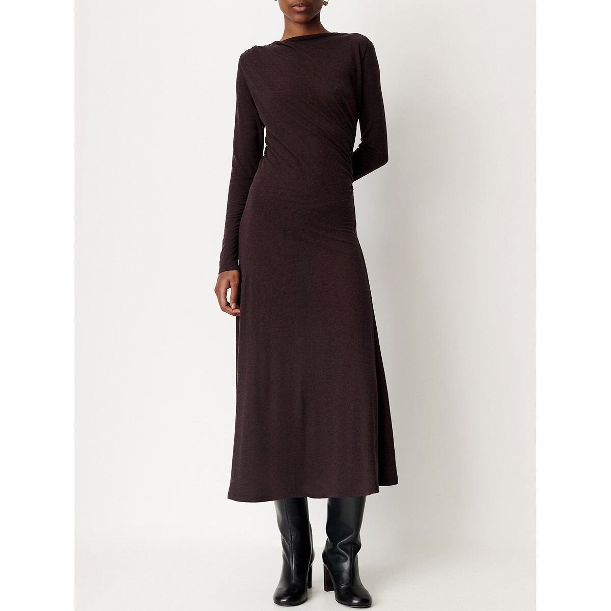 Leganza Crew Neck Long Sleeve Knitted Midi Dress ebony, SESSUN