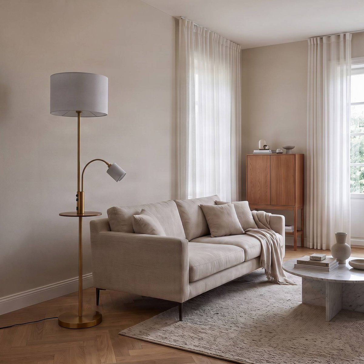 Lampadaire en métal moderne, Aovan bronze, blanc crème, bois foncé, LINDBY