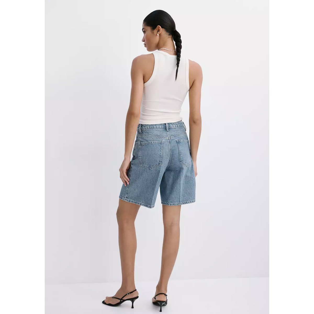 Bermuda en jean droit taille haute bleu moyen, MANGO