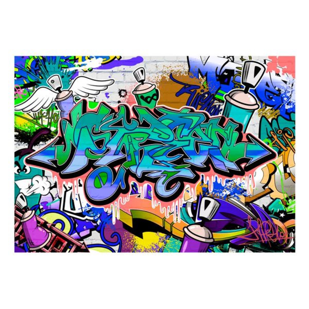 Papier peint intissé panoramique Street art Graffiti: motif bleu multicouleur, EDEN