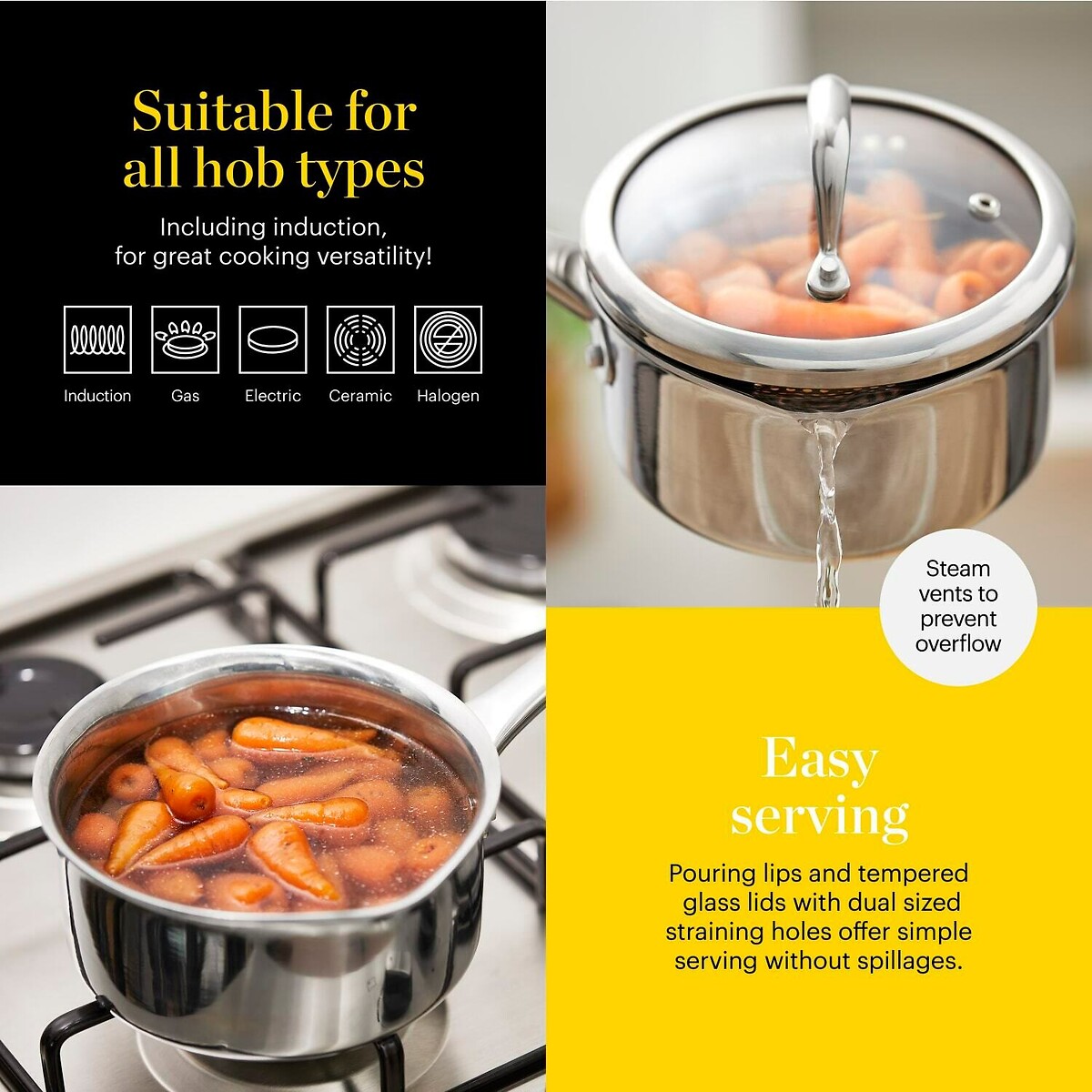 3-Piece Tri-Ply Saucepan Set silver-coloured, GOOD FOOD BY TOWER