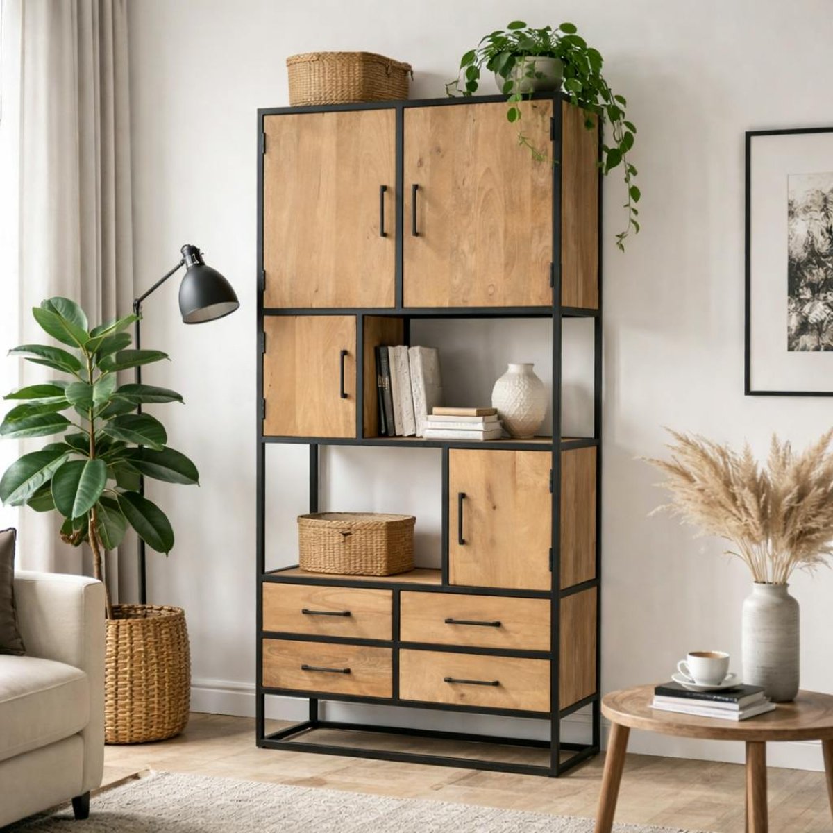 Bibliothèque en bois clair 4 portes 4 tiroirs RIVANO bois naturel, PIER IMPORT