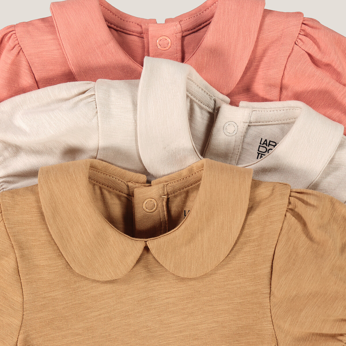 Lot de 3 bodies col claudine manches courtes, en coton flammé, uni beige/rose, LA REDOUTE COLLECTIONS