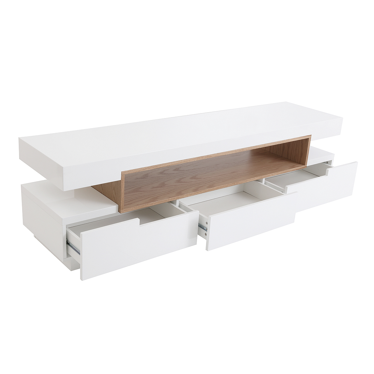 Meuble TV design blanc laqué brillant et bois L200 cm LIVO blanc, MILIBOO