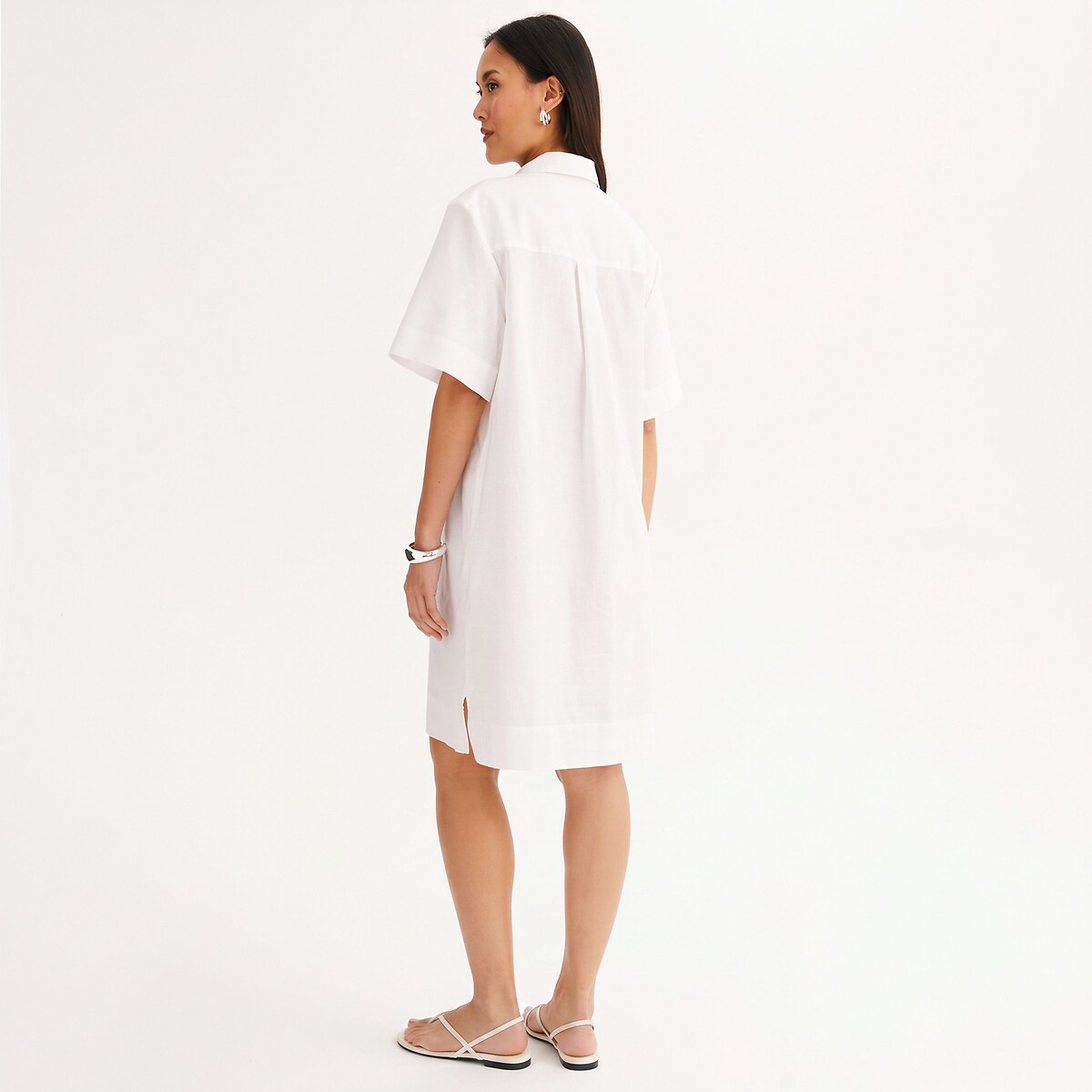 Robe droite, manches courtes, en lin et coton blanc, ANNE WEYBURN