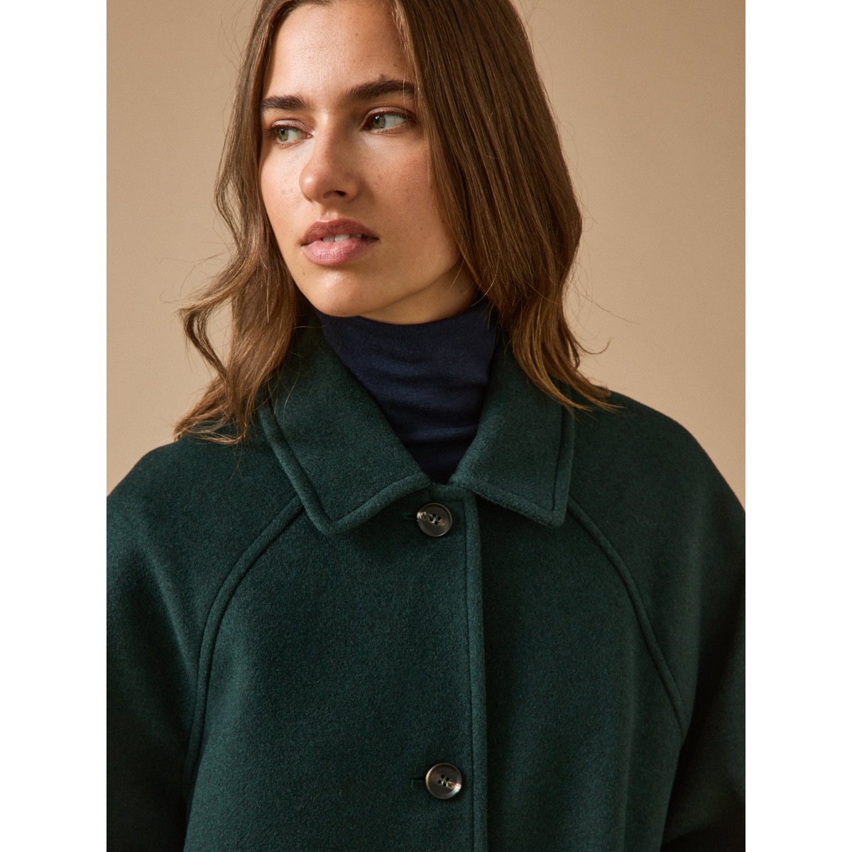 Manteau mi-long lainage uni vert fonce, CYRILLUS
