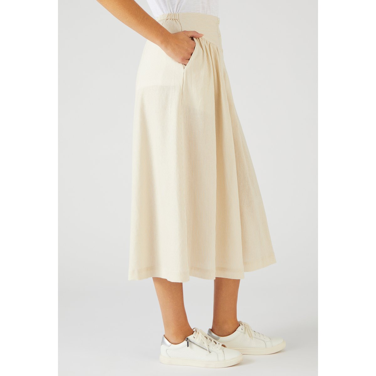 Jupe rayée mélange lin marron beige rayé, DAMART