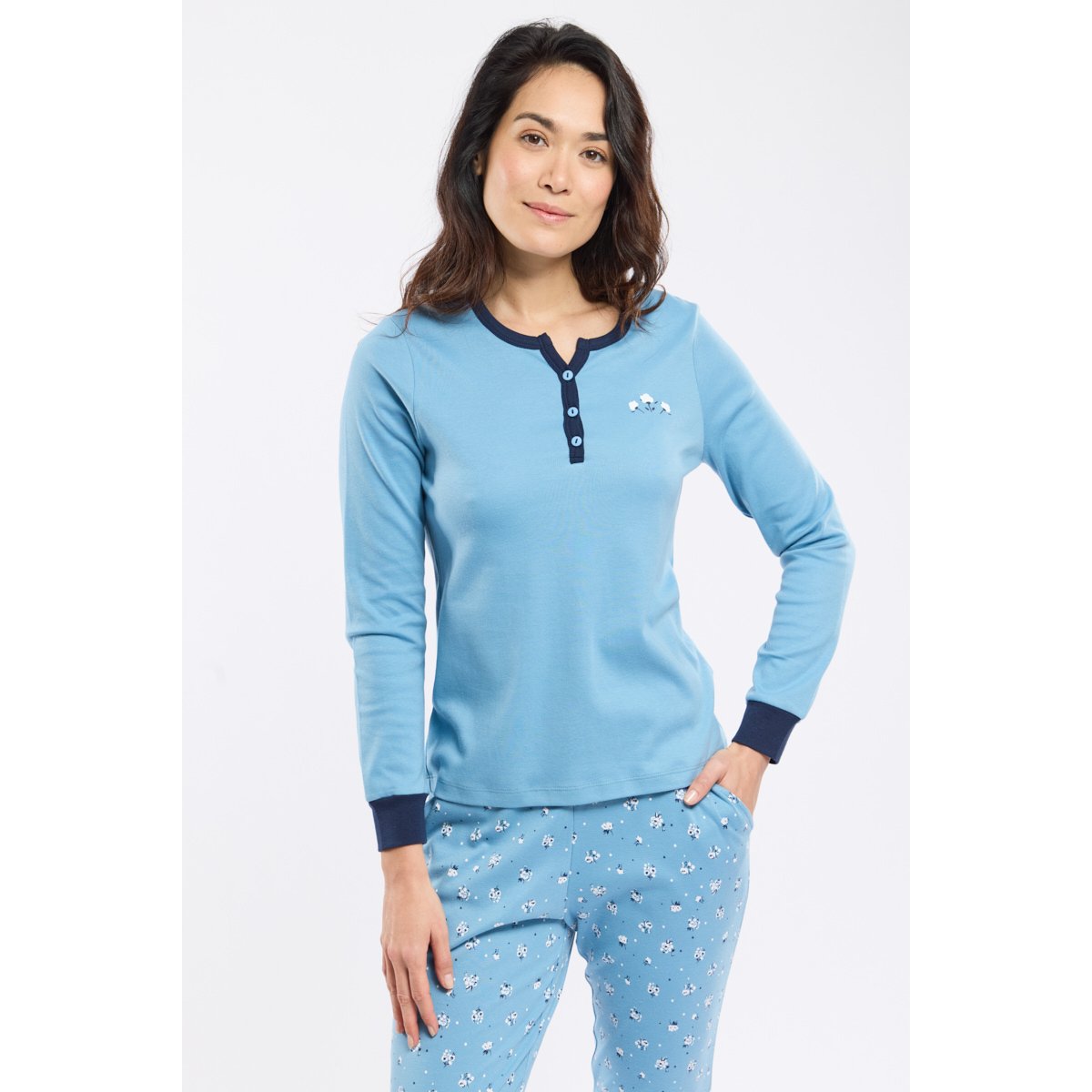 Pyjama micro-motifs en coton épais niagara/ marine deep, ARMOR-LUX