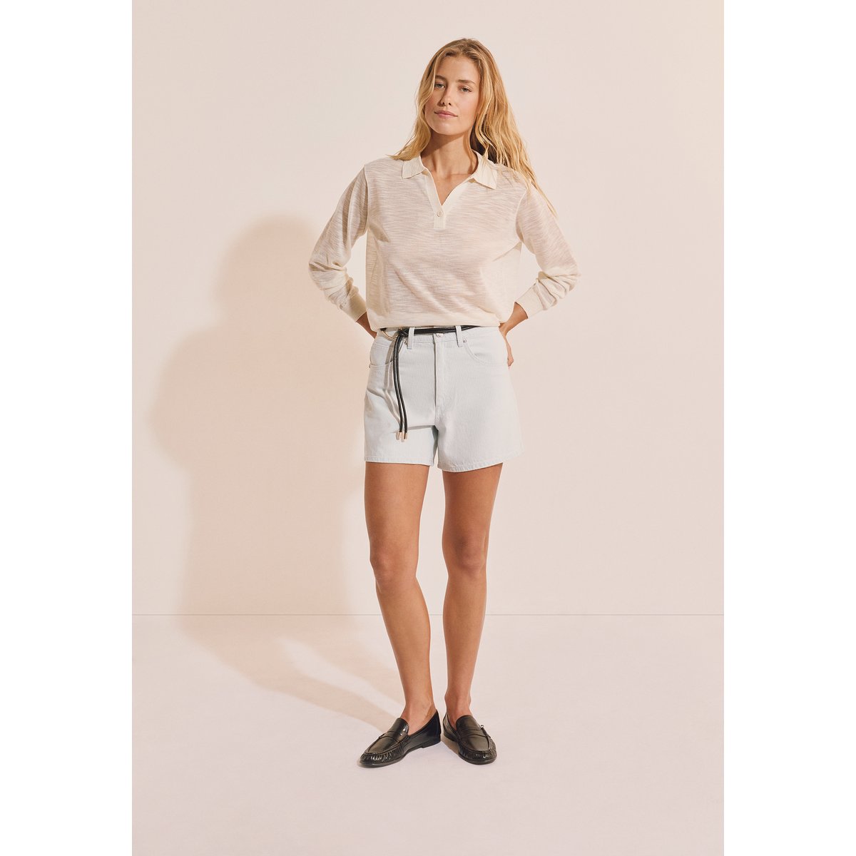 Short effet jean en coton à rayures CLARA RAY imp fd blanc, ETAM
