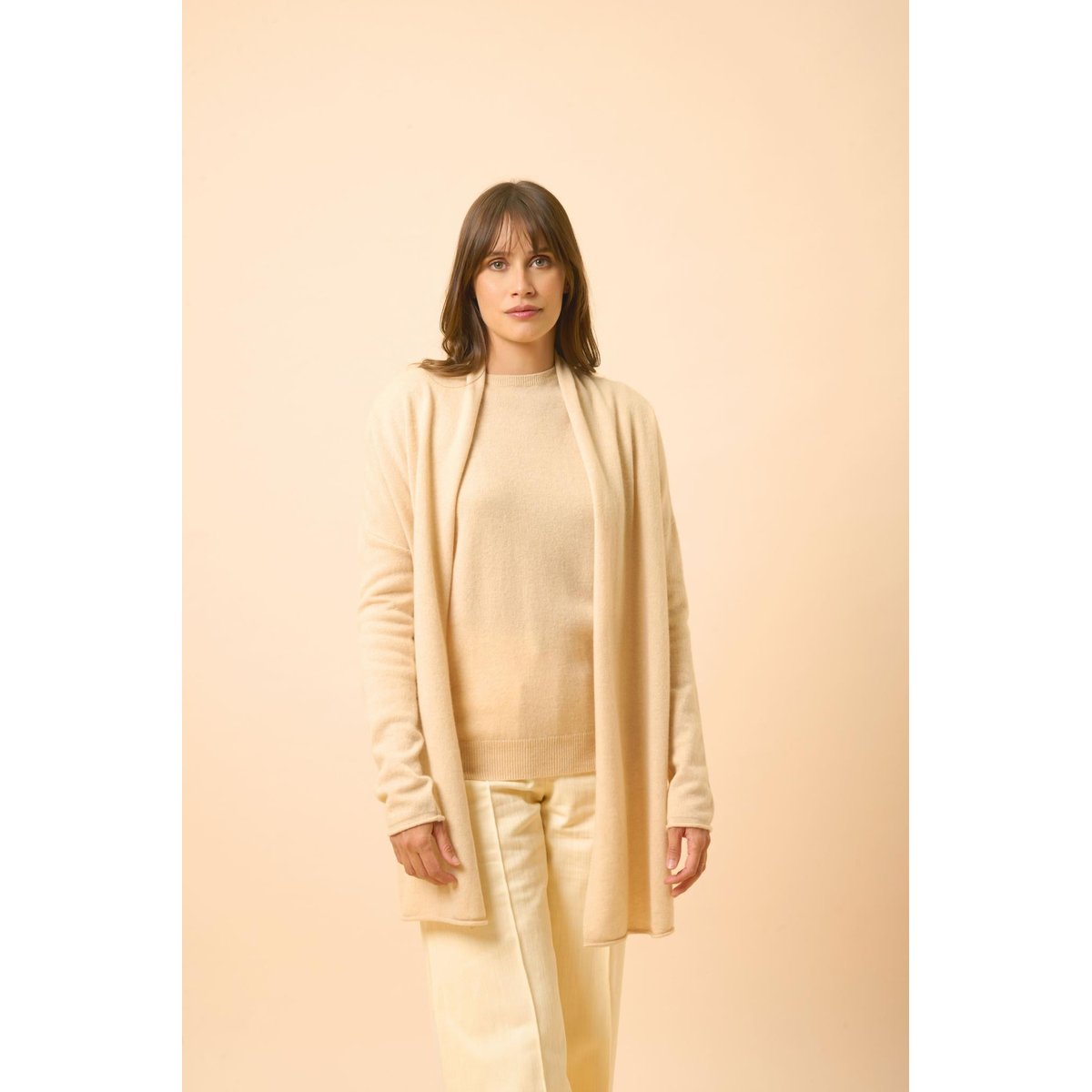 Gilet Long Ouvert Col Châle Sable Maddie beige, JUST CASHMERE