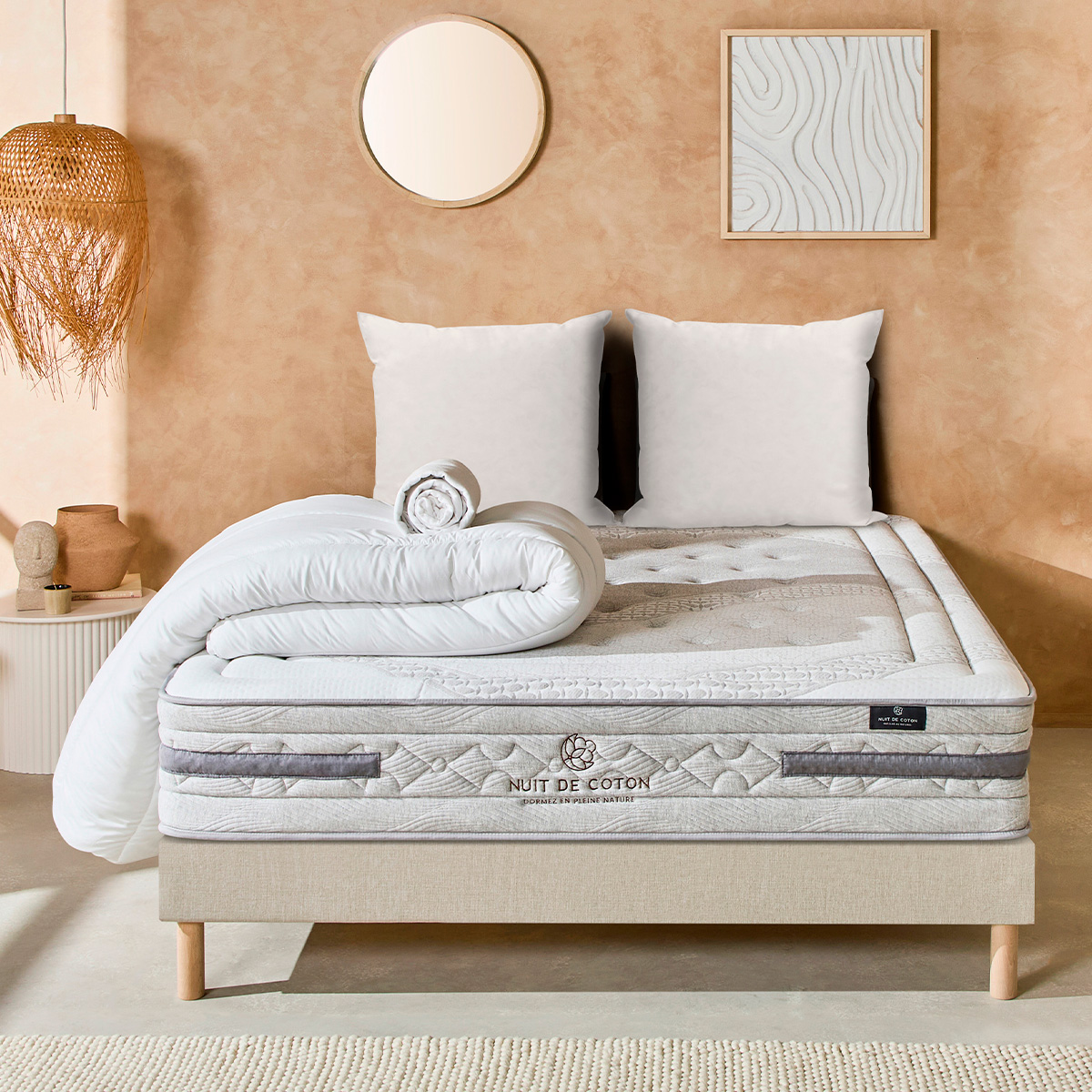 Pack Sérénade 140x200 cm Matelas Ressorts ensachés + Sommier Bois + Accessoires beige, BELLECOUR