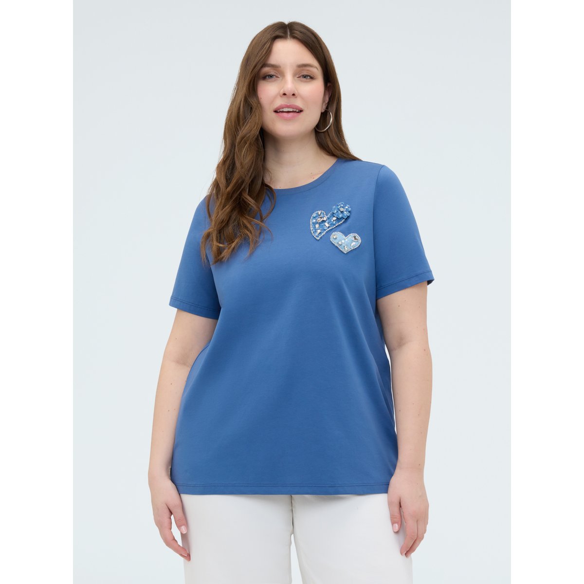 T-shirt avec cœurs et strass bleu, FIORELLA RUBINO