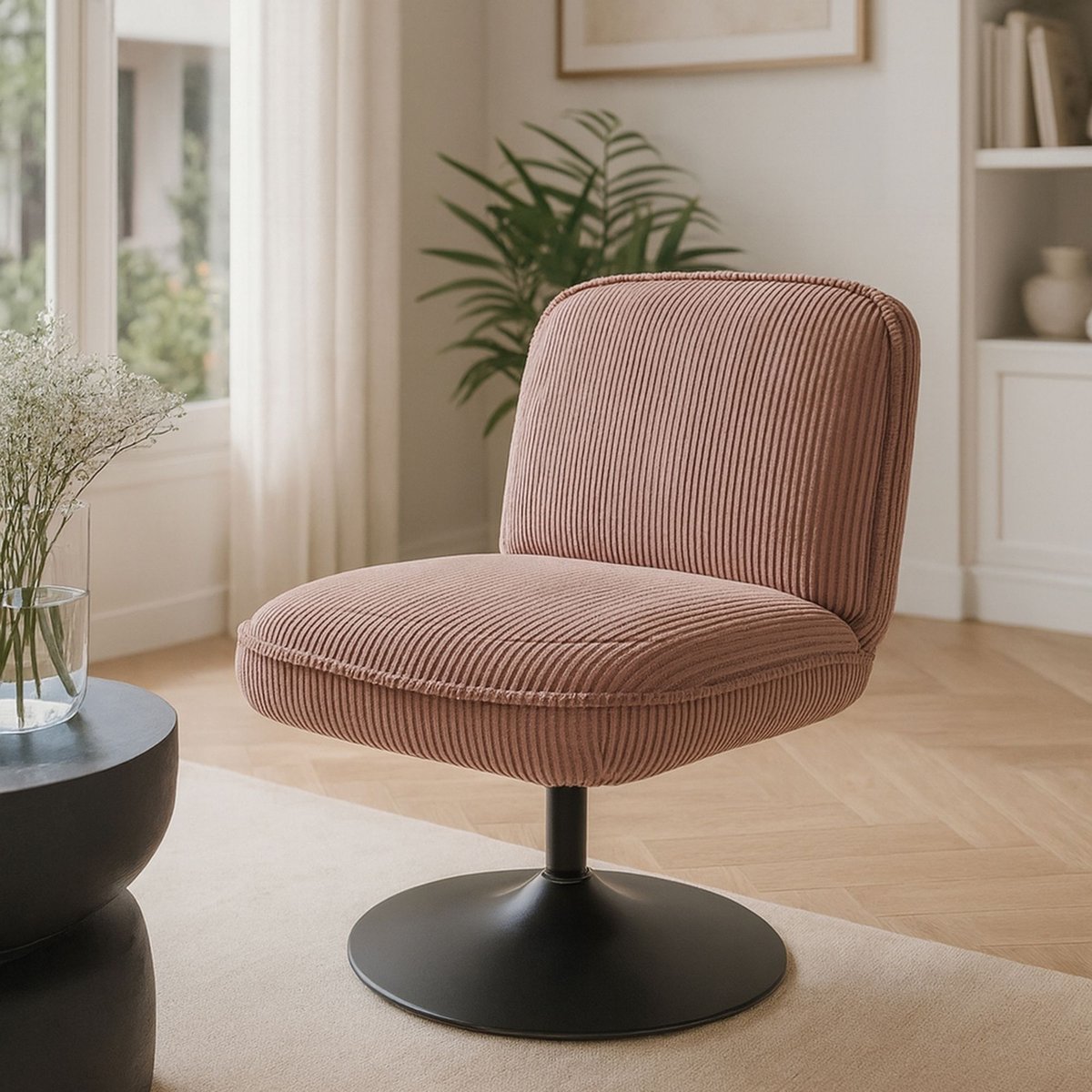 Fauteuil pivotant en velours côtelé, FUNKY rose, NOW'S HOME
