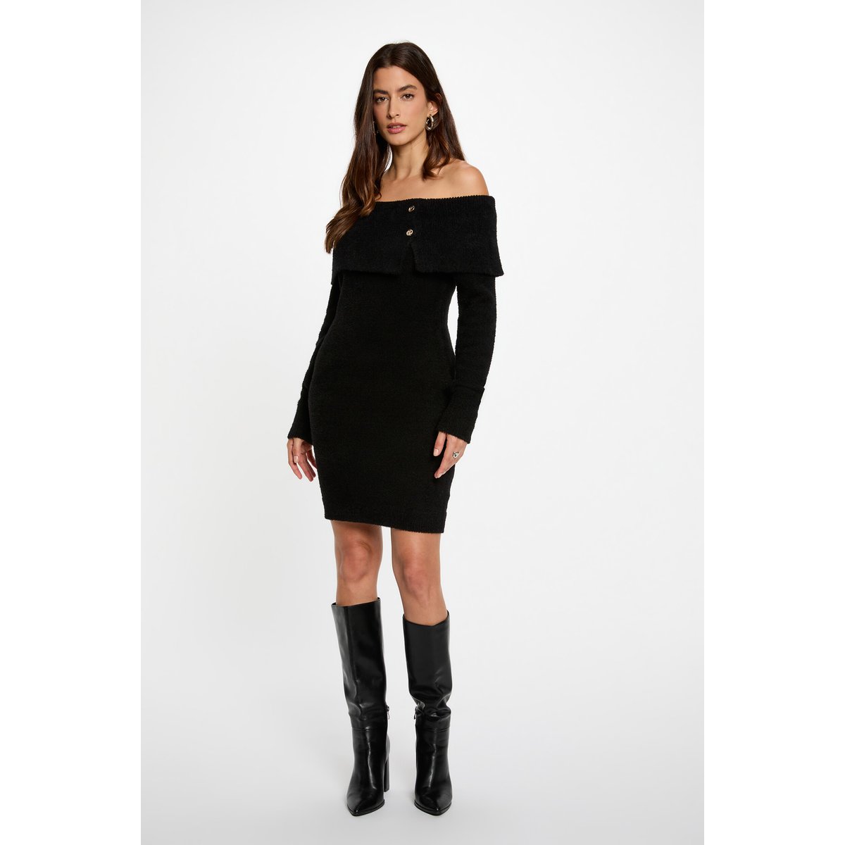 Robe tricot col bardot noir, MORGAN