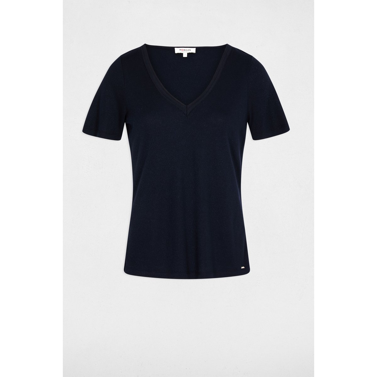 T-shirt manches courtes, col V, avec fibres métallisées bleu marine, MORGAN