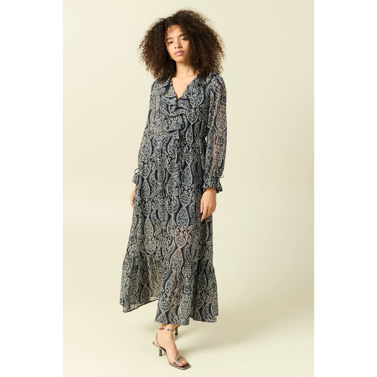 Robe longue évasée col v manches longues bleu marine, BONOBO