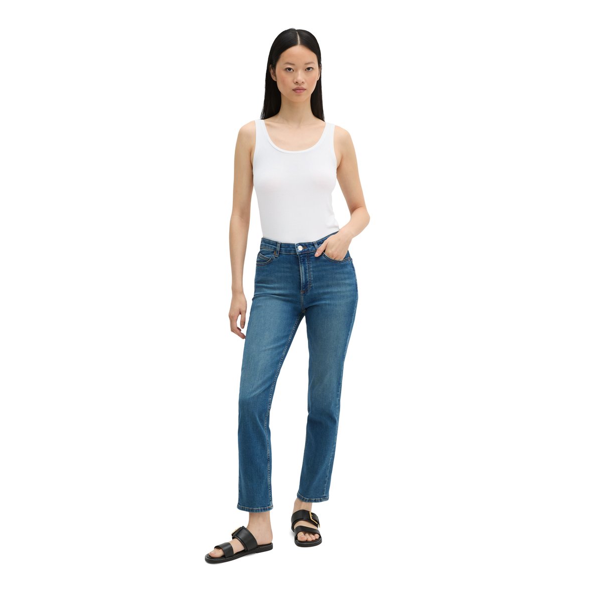 Jeans Modèle Linde straight cropped en denim stretch léger bleu moyen, MARC O'POLO