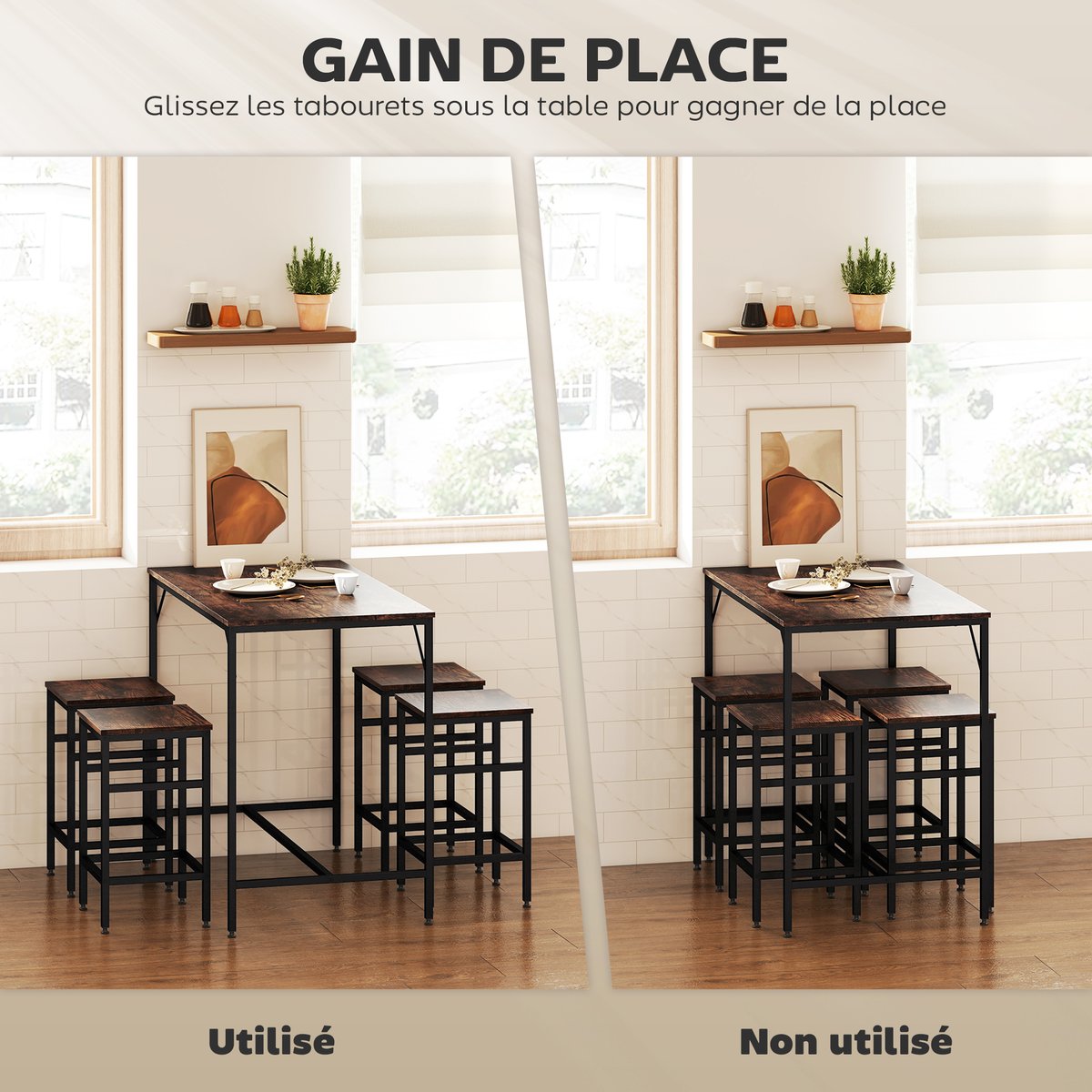 Ensemble de table de bar Métal Noir noir, chêne clair, HOMCOM
