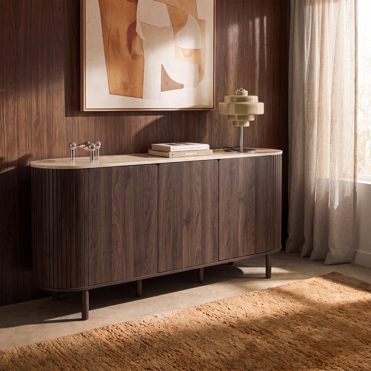 Buffet 3 portes en bois effet  travertin L 160 cm- ALMA bois foncé, DRAWER