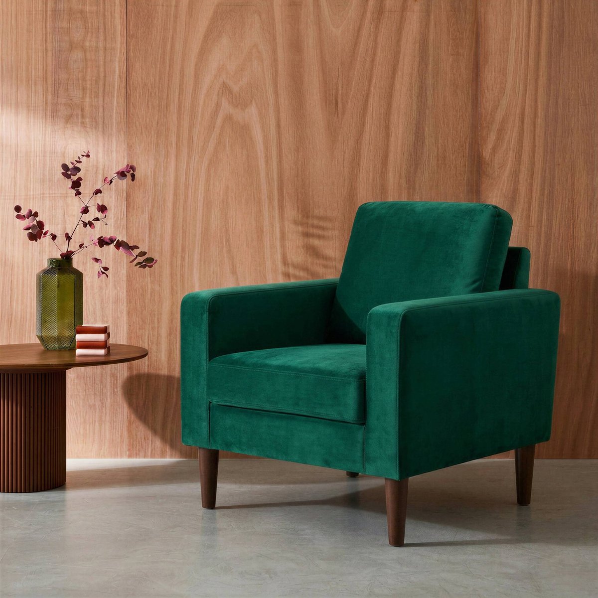 Fauteuil vintage bois d'hévéa velours BJORN vert anglais, SWEEEK