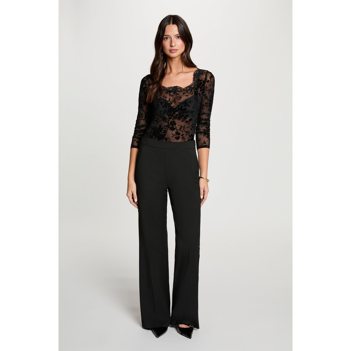 T-shirt dentelle col coeur noir, MORGAN