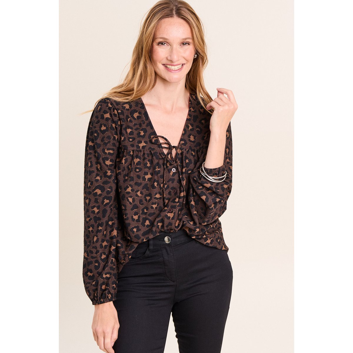 Blouse col v manches longues marron, BREAL