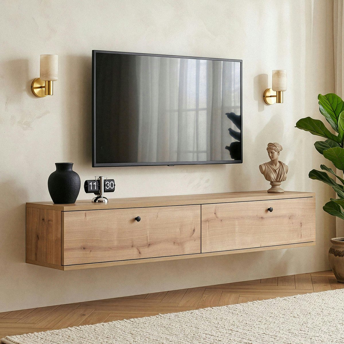 Meuble TV suspendu étroit, 2 portes 140 cm MARFA chêne, PIER IMPORT