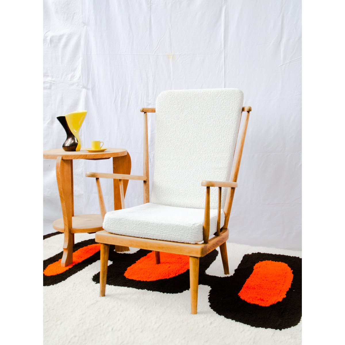 Fauteuil éventail en bois et tissu Jakob N°1442 - Bon état bois clair, DEBONGOUT