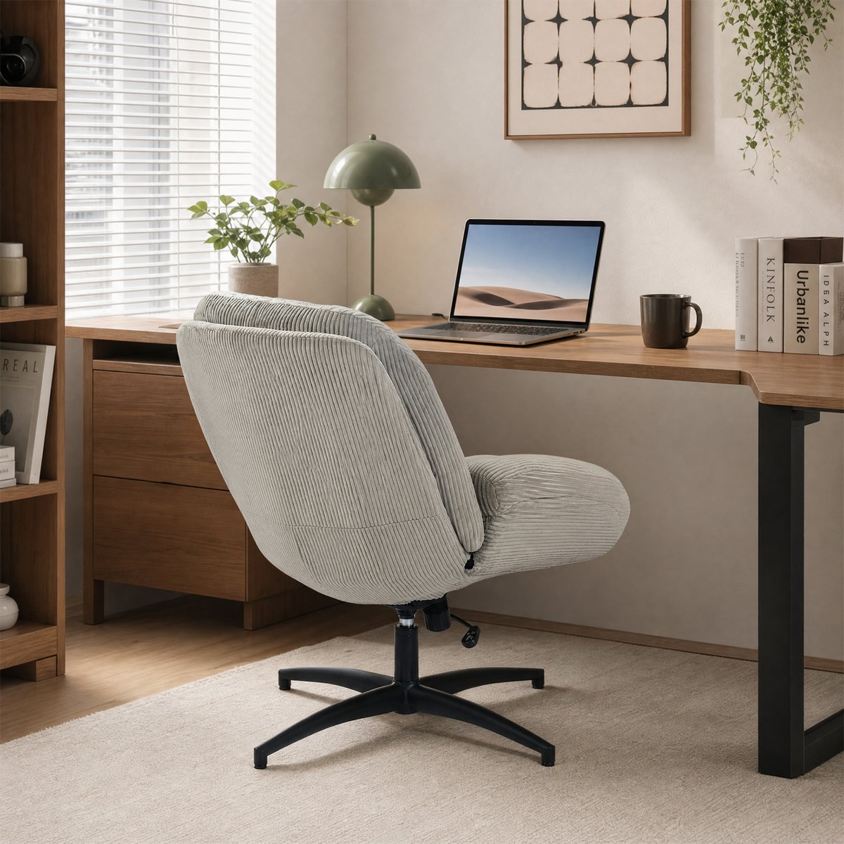Chaise de bureau pivotante avec dossier inclinable en velours côtelé, LITHOPSFIX CORDO gris, MEUBLES COSY