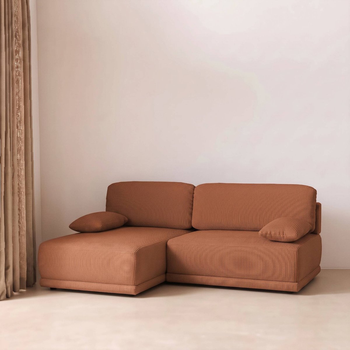 Banquette canapé d'angle gauche convertible 3 places velours côtelé avec coffre NELSON taupe, SWEEEK