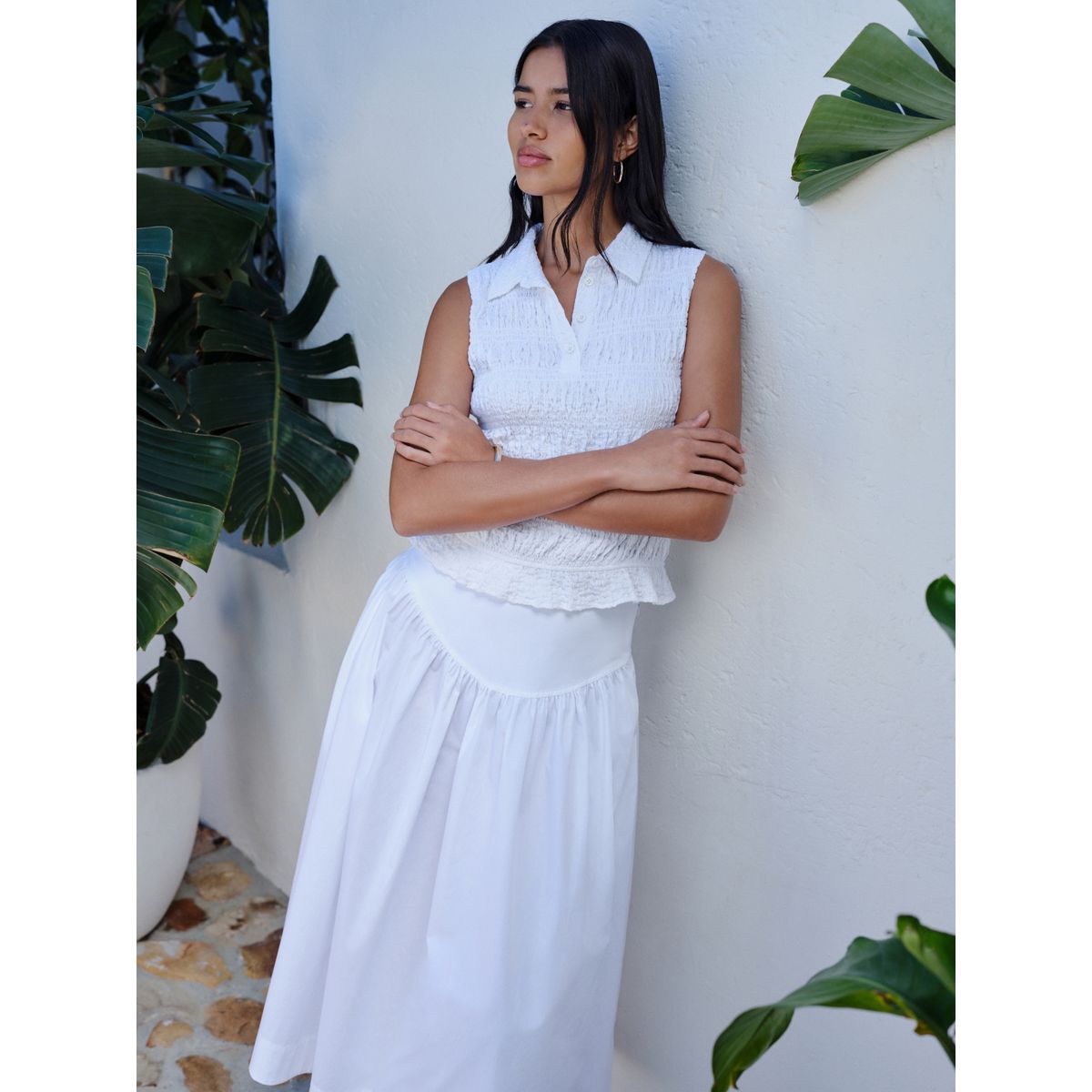 Jupe midi en popeline à taille tombante blanc, NEXT