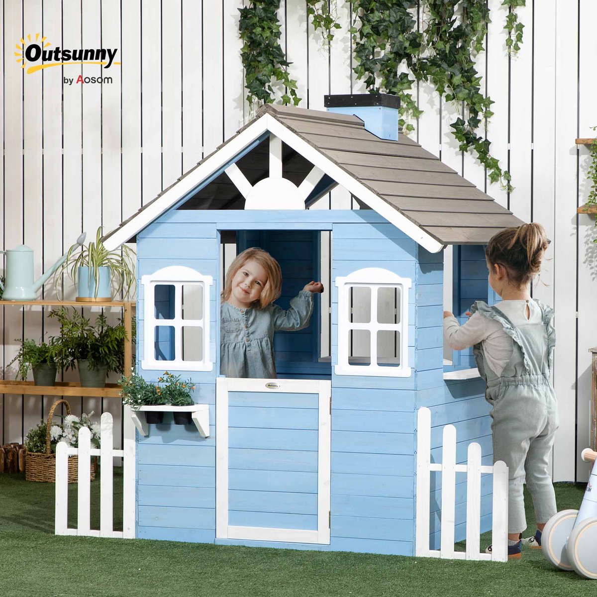 Maisonnette pour enfants Bois de sapin Bleu bleu, OUTSUNNY