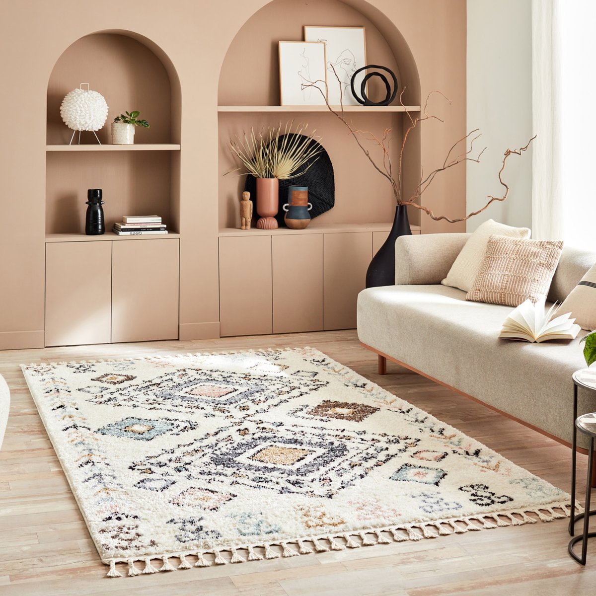 Tapis de salon géométrique à franges DELYA crème, NAZAR RUGS