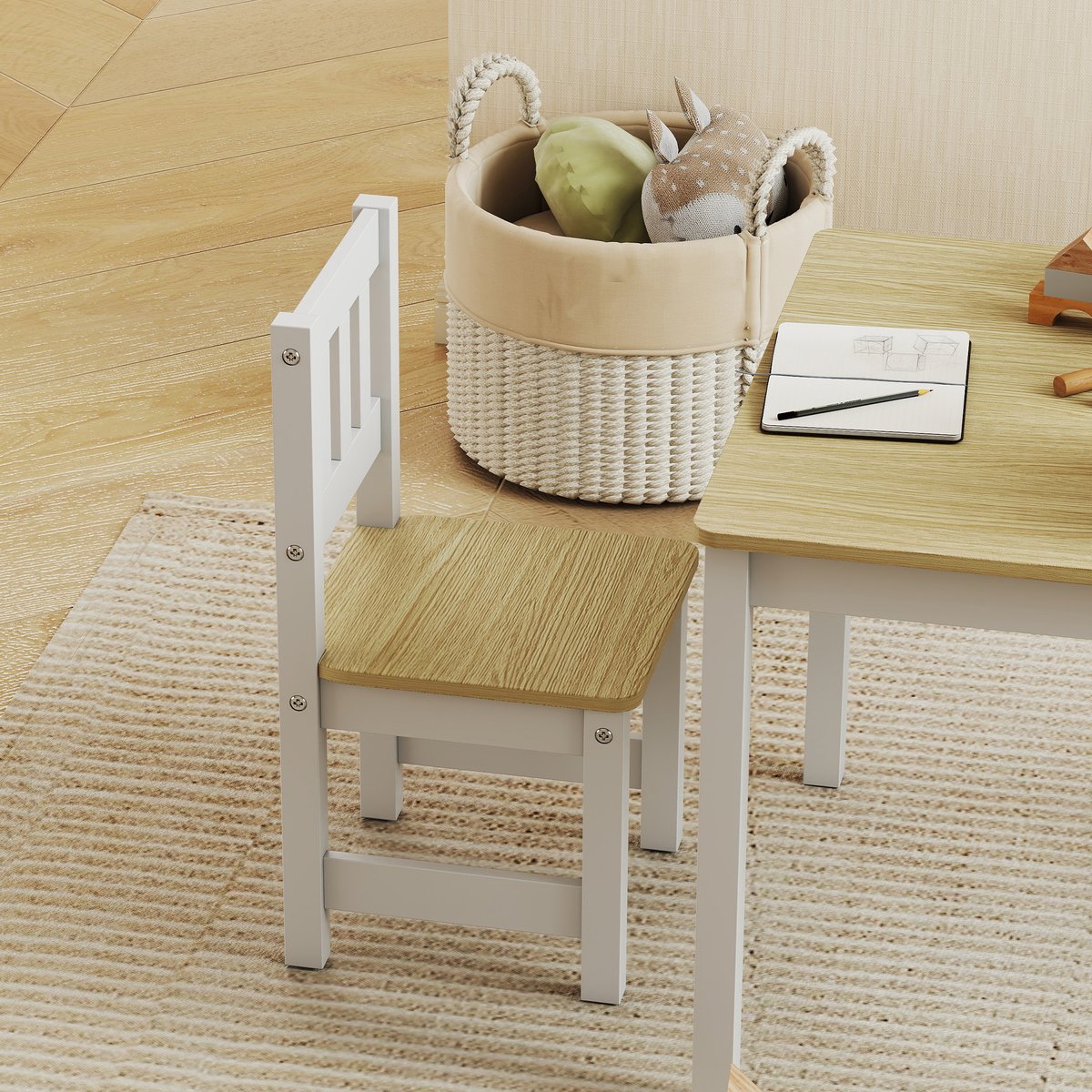 Ensemble table et chaises pour enfants MDF bois naturel, blanc, AIYAPLAY
