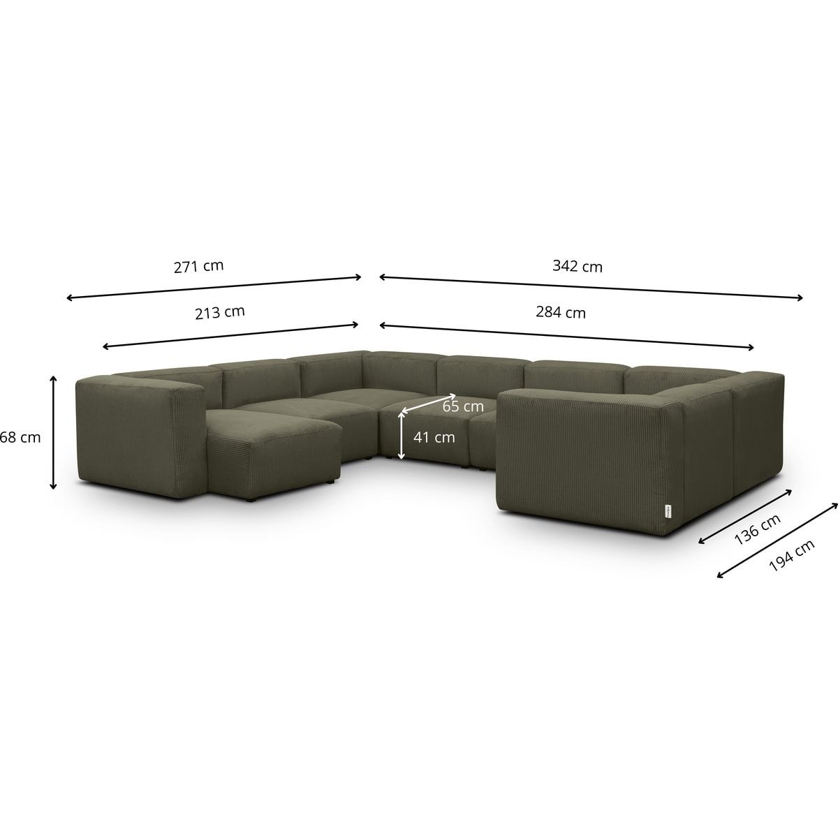 Canapé modulable panoramique 10 places avec méridienne à gauche en velours côtelé - MODULO vert kaki, HOMIFAB