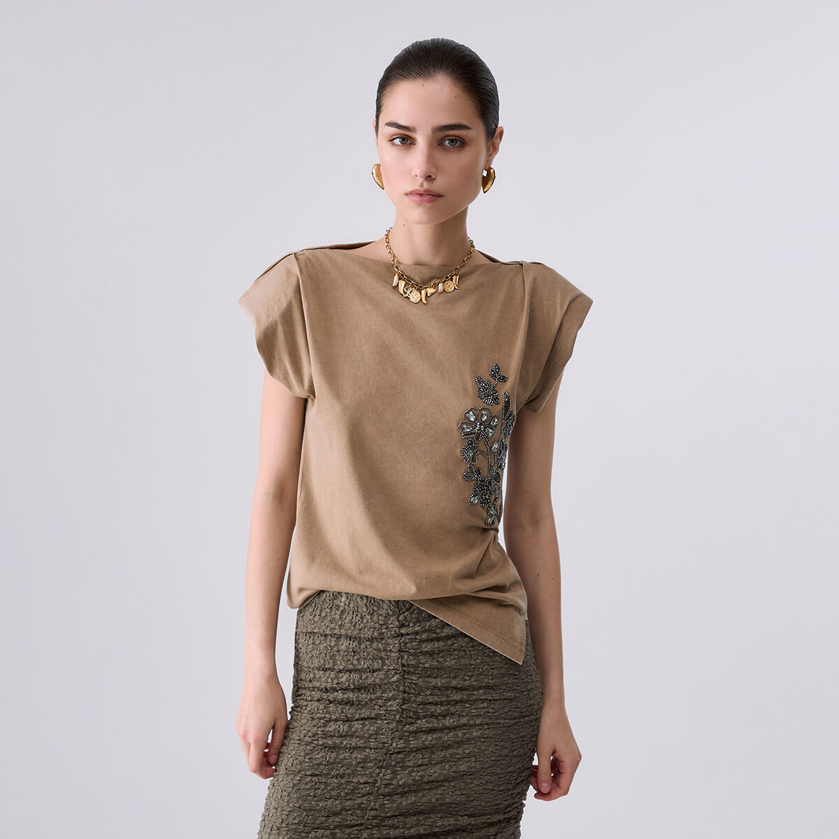 Top en jersey brodé beige, LIU JO
