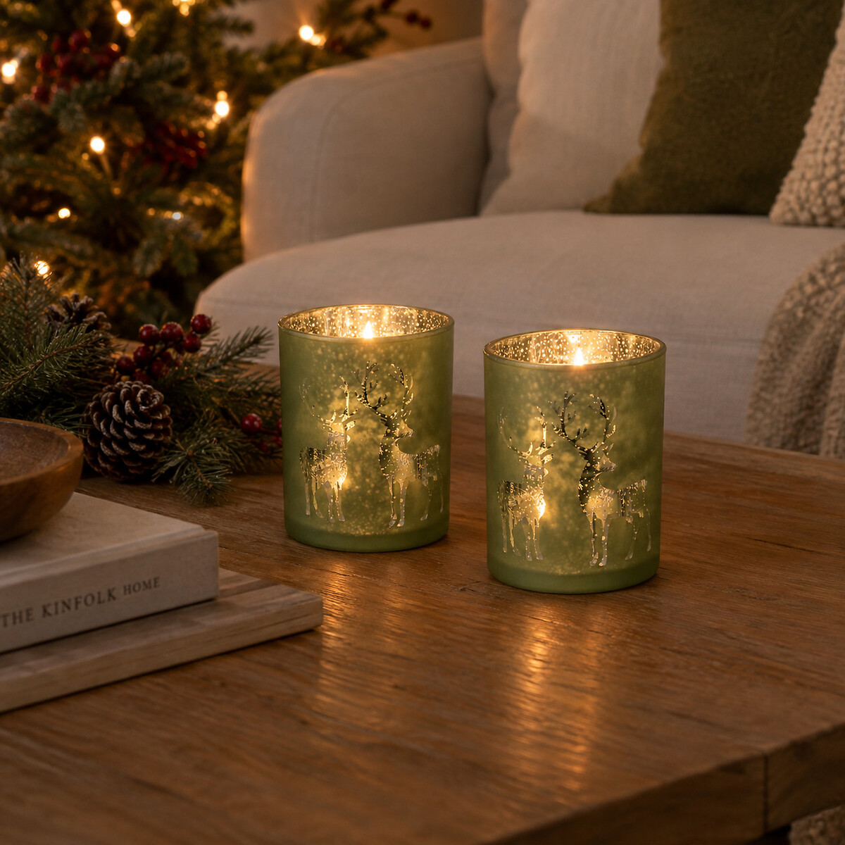 Set of 2 10cm Heritage Noel Reindeer Etched Tealight Holders green, SO'HOME