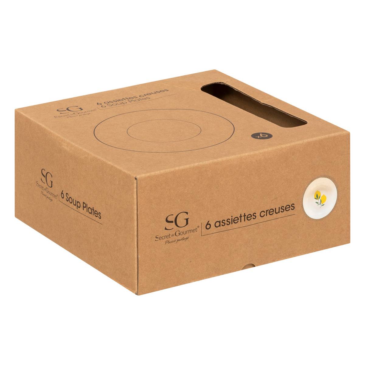 Lot de 6 assiettes creuses en porcelaine CITRON blanc, SECRET DE GOURMET